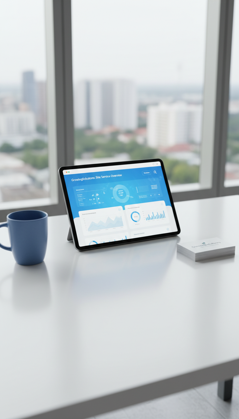 A digital tablet with a luminous blue and white GrowingSolutions dashboard displayed on its screen, propped on a gloss-white workspace beside a minimalist blue coffee mug and a stack of polished business cards. The workspace rests near a sunlit office window showing hints of a cityscape blur beyond. Soft daylight fills the scene, producing gentle highlights and subtle gradients across the tablet’s screen. Shot from an overhead, slightly angled top-down viewpoint with shallow depth of field, the focus is tight on the tablet interface. The composition is airy, tech-savvy, and streamlined, visually echoing modern consulting expertise for site service details.