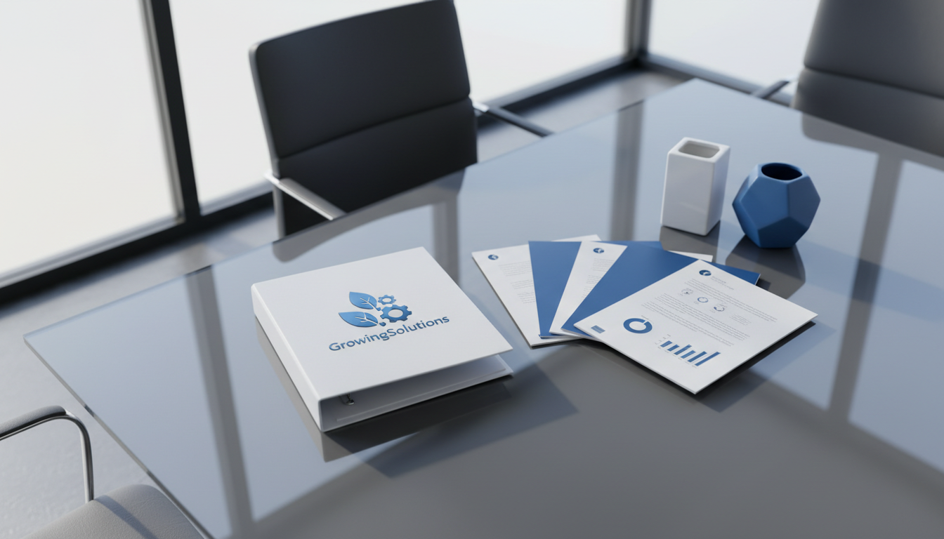 An elegant white business binder embossed with a metallic blue GrowingSolutions emblem, resting atop a glass conference table. Nearby, crisp blue and white consulting reports are fanned out beside geometric ceramic vases, enhancing the structured aesthetic. Diffused daylight streams from a frosted window, casting soft, cool highlights and faint, long shadows across the clean surface. Framed from a slightly elevated angle with deep focus, the image emphasizes order and transparency. The visual mood is calm, focused, and forward-thinking, using a clean, modern look that conveys expertise and professionalism suited for a small consulting firm.