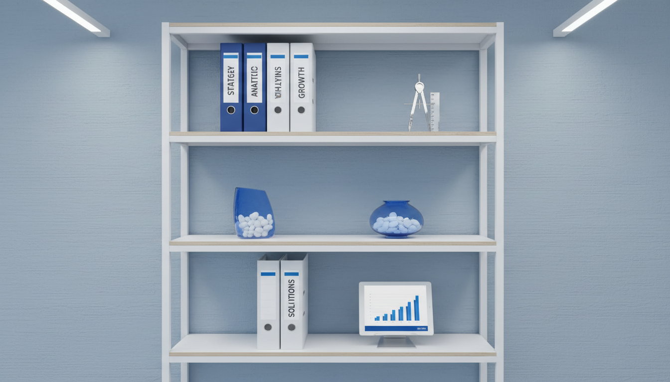 A minimalist white shelving unit featuring carefully arranged business objects: labeled blue and white binders, chrome analytics tools, and a small vivid blue glass vase with sleek white stones. The shelving stands against a textured pale blue wall, imparting depth and visual interest. Subtle overhead LED lighting creates a bright, shadowless effect, highlighting each item’s crisp edge. The camera is frontal and centered, with sharp clarity throughout the image for an organized, approachable mood. The style is modern and functional, signaling competence and approachability for a business consulting services section.