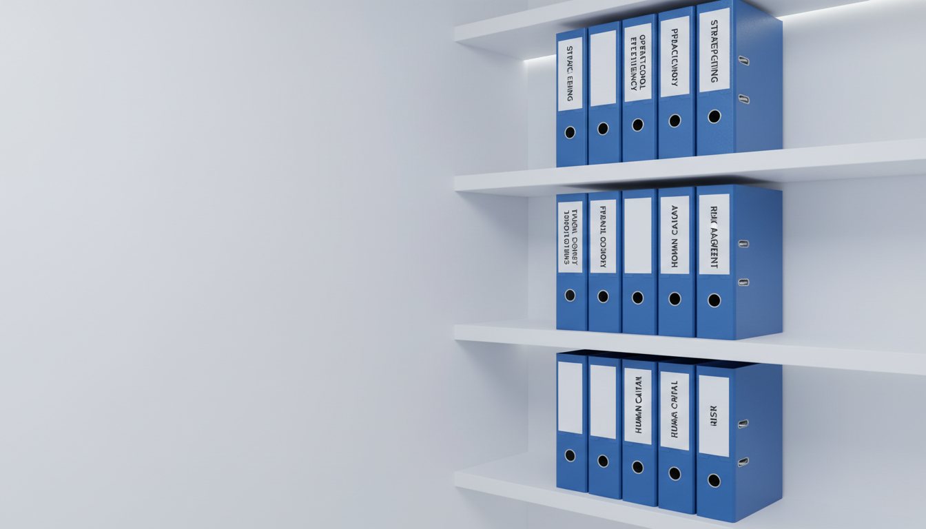 A set of neatly arranged cobalt blue hardcover binders with white spine labels rests against a smooth white wall on floating matte shelves. Each binder has a distinct subtle texture and metallic blue finish, with their spines perfectly aligned to convey organization. Soft overhead LED lighting bathes the scene with even, cool illumination, eliminating harsh shadows and keeping the atmosphere open and inviting. Shot at eye-level, the composition follows the rule of thirds and maintains crisp focus for a tidy, minimalist and modern feel. The image evokes trustworthiness, competence, and support, aligning with a consulting company’s services section.