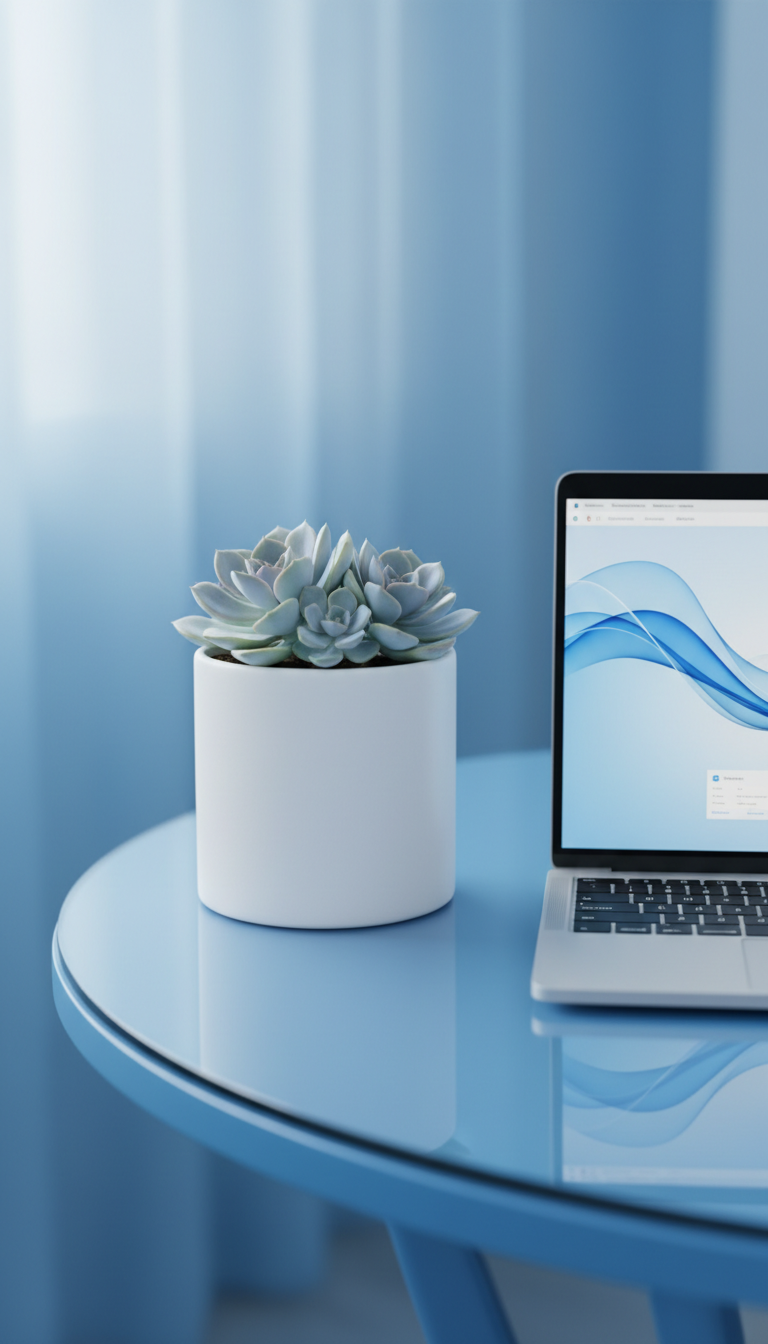 A modern white ceramic desk planter housing a compact blue-leafed succulent sits beside an open silver laptop on a spotless blue glass tabletop. The planter's smooth matte finish contrasts with the glossy, gently curved surface of the table, catching delicate highlights from soft daylight streaming in from the left. The background is intentionally blurred with hints of blue gradients to reinforce the brand’s palette. Captured at table height with a shallow depth of field, the arrangement conveys a sense of renewal, innovation, and approachability—perfectly supporting an about us page for a forward-thinking consulting business.